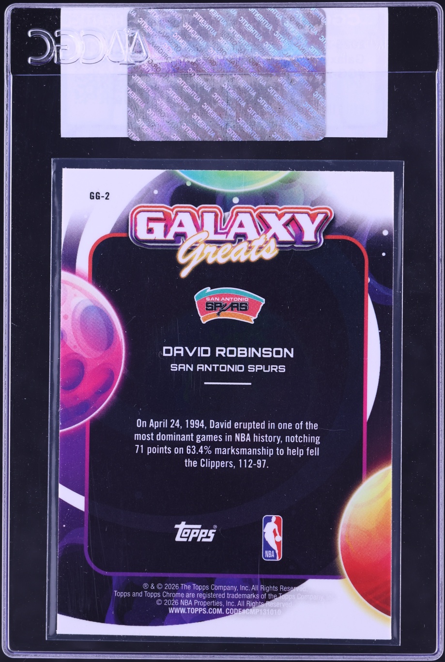2025 Topps Chrome Cosmic Galaxy Greats David Robinson #GG-2 CGC AUTH