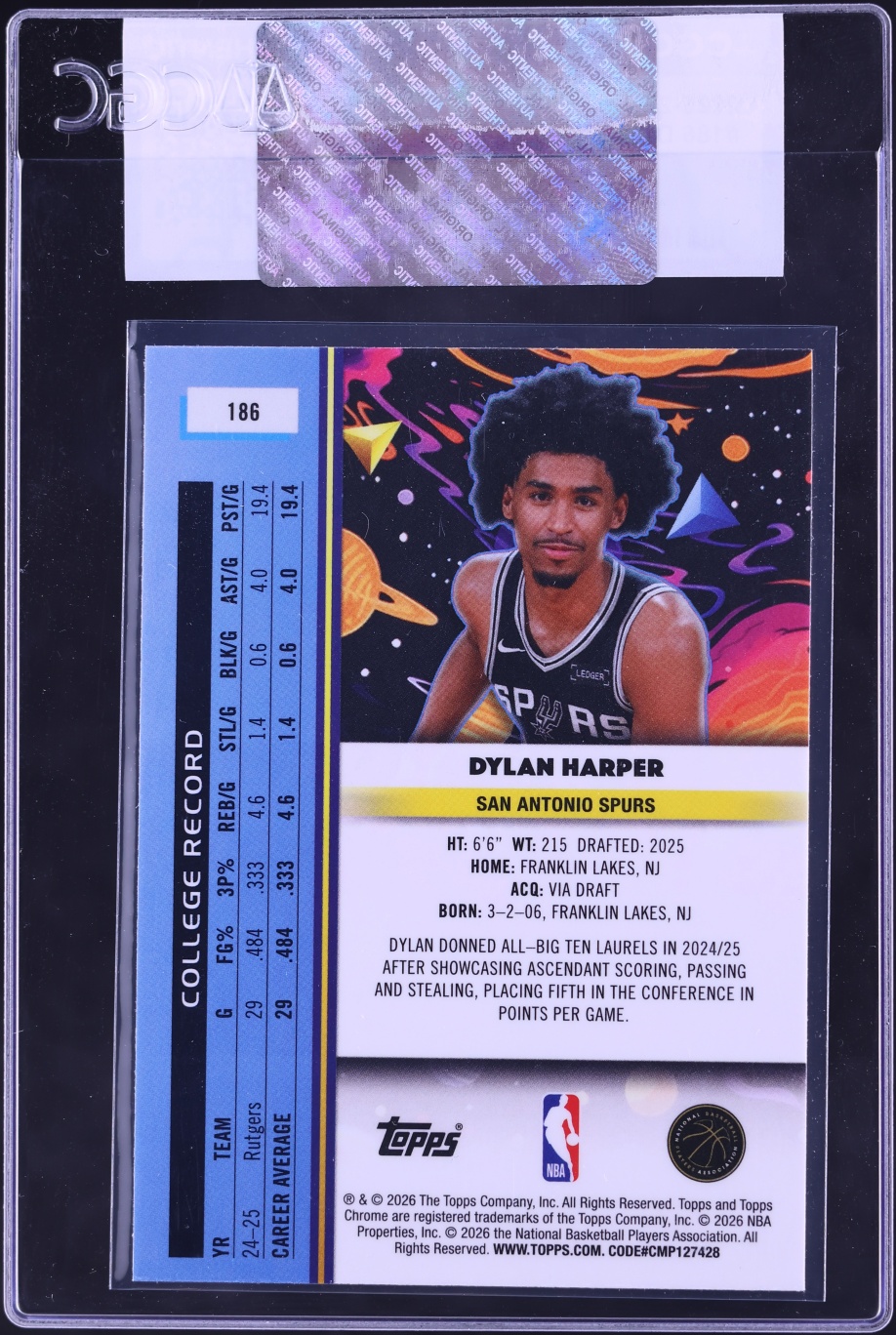 2025 Topps Cosmic Chrome Dylan Harper ROOKIE #186 CGC AUTH