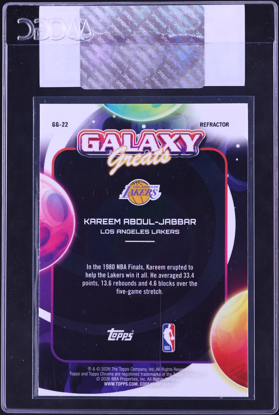2025 Topps Cosmic Chrome Galaxy Greats Refractor Kareem Abdul-Jabbar #GG-22 CGC AUTH