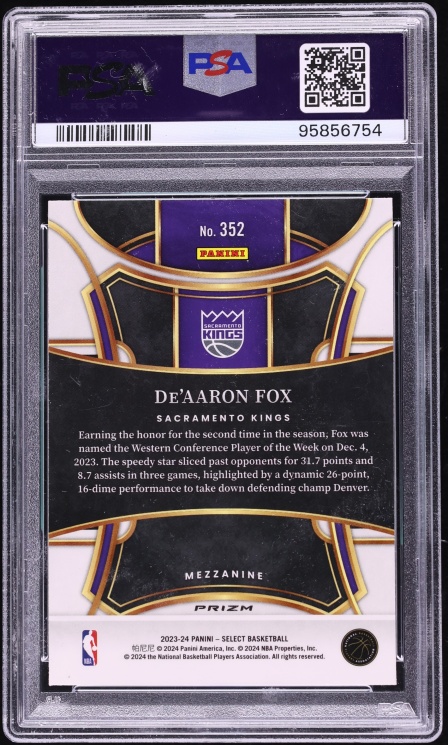 2023 Select Mezzanine Tiger Prizm De'Aaron Fox #352 PSA 10 GEM MINT