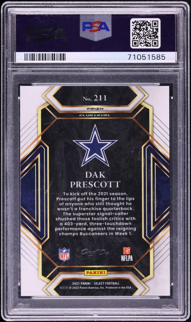 2021 Select Club Level Black Prizm Dak Prescott 1/1 #211 PSA 10 GEM MINT - Photo 2