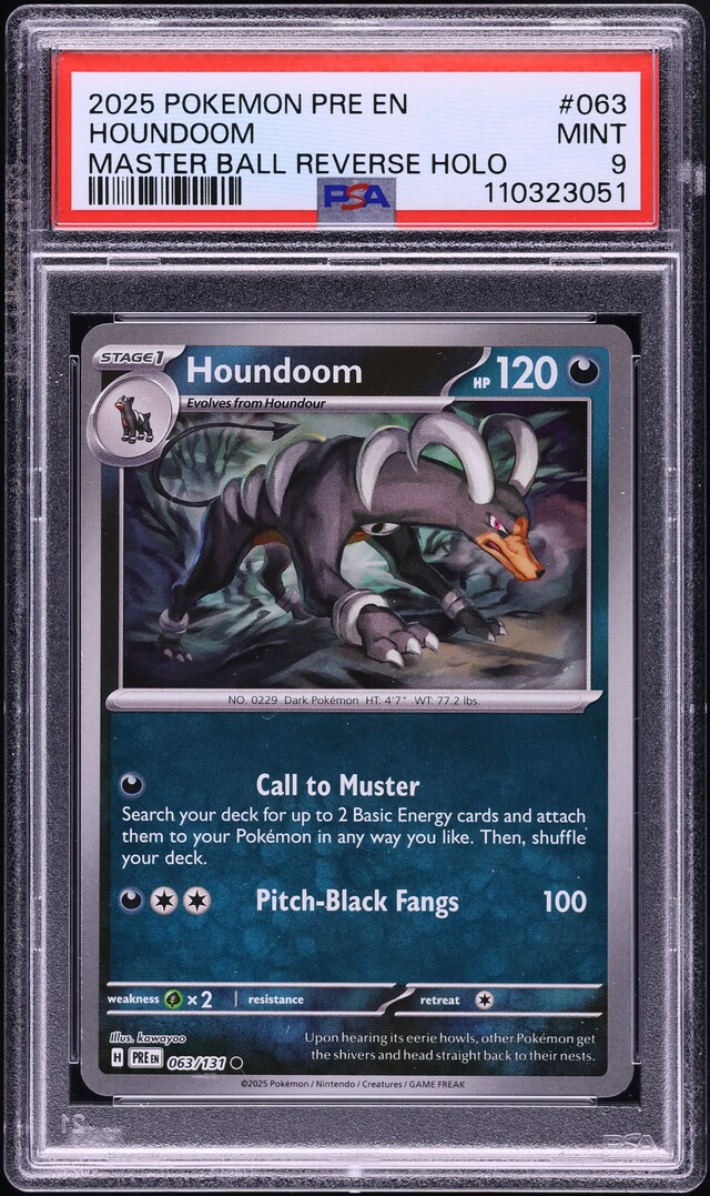 2025 Pokemon Scarlet & Violet Prismatic Evolutions Master Ball Reverse Holo Houndoom #63 PSA 9