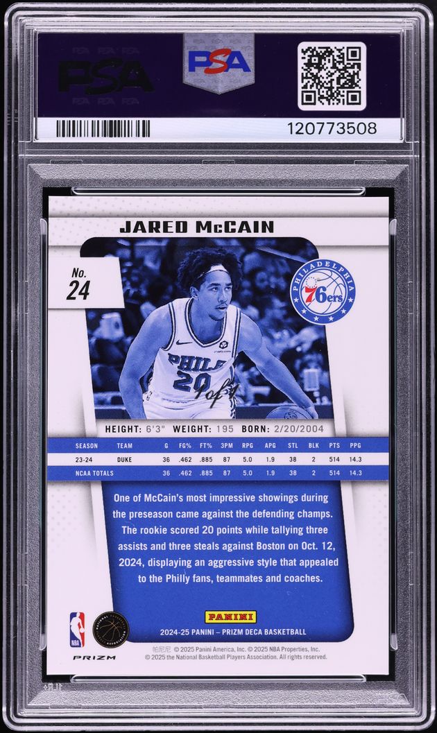2024 Panini Prizm Deca Black Prizm Jared McCain ROOKIE 1/1 #24 PSA 10 GEM MINT