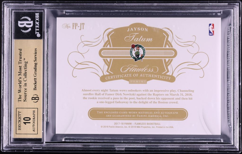 2017 Panini Flawless Platinum Jayson Tatum ROOKIE PATCH AUTO 1/1 #4 BGS 9.5 GEM MINT