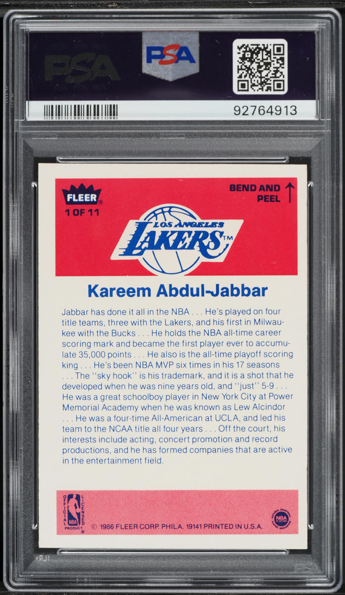 1986 Fleer Sticker Kareem Abdul-Jabbar #1 PSA 9 MINT