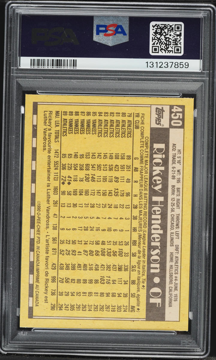 1990 O-Pee-Chee Rickey Henderson #450 PSA 8 NM-MT