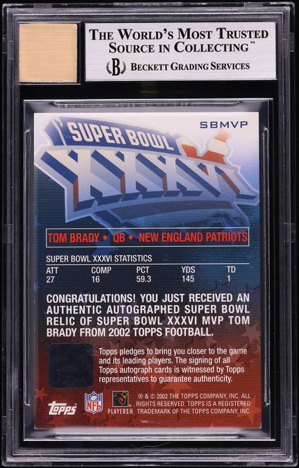 2002 Topps Super Bowl XXXVI MVP Tom Brady RELIC AUTO /150 #SBMVP BGS 8.5 NM-MT+