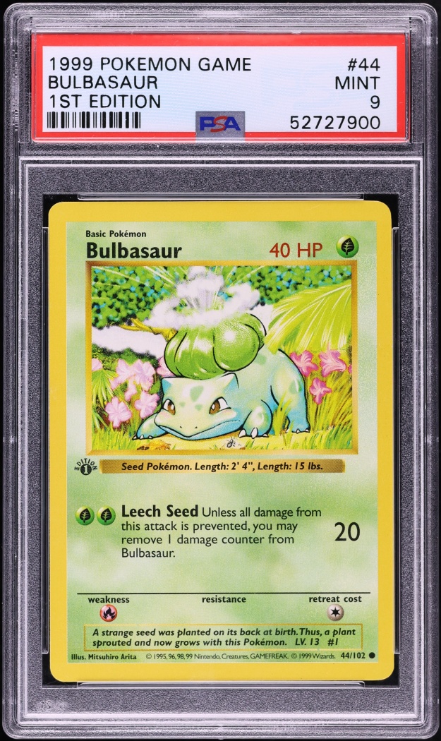1999 Pokemon Base Set Shadowless 1st Edition Bulbasaur #44 PSA 9 MINT