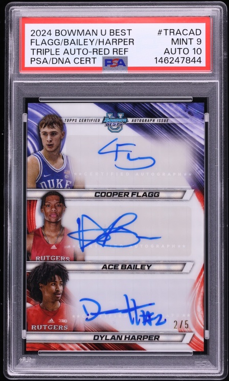 2024 Bowman U Best Triple Red Ref. Flagg Ace Bailey Dylan Harper RC Jersey # 2/5 PSA 9 Auto 10