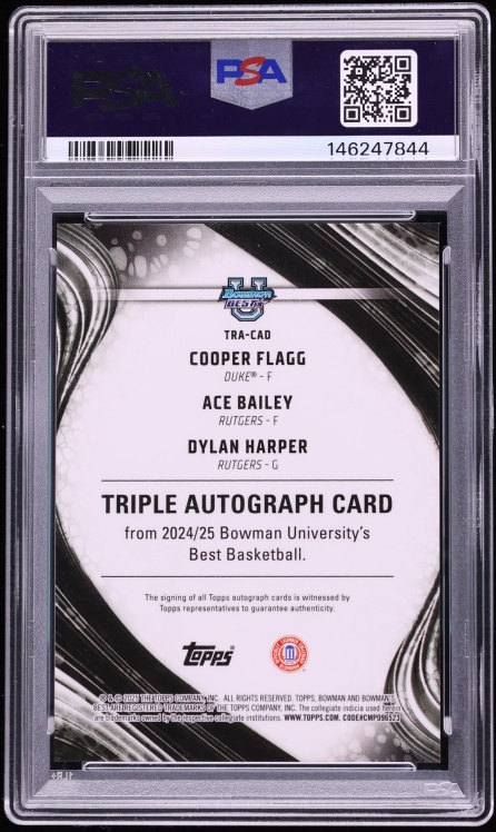 2024 Bowman U Best Triple Red Ref. Flagg Ace Bailey Dylan Harper RC Jersey # 2/5 PSA 9 Auto 10