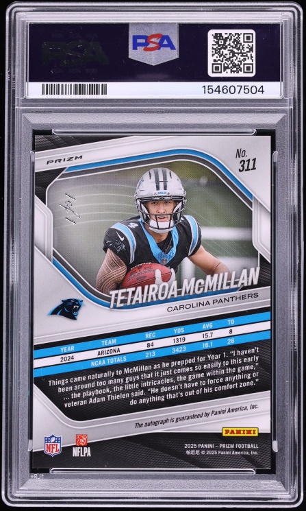 2025 Panini Prizm No Huddle Black Tetairoa McMillan ROOKIE AUTO 1/1 #311 PSA 10 GEM MINT