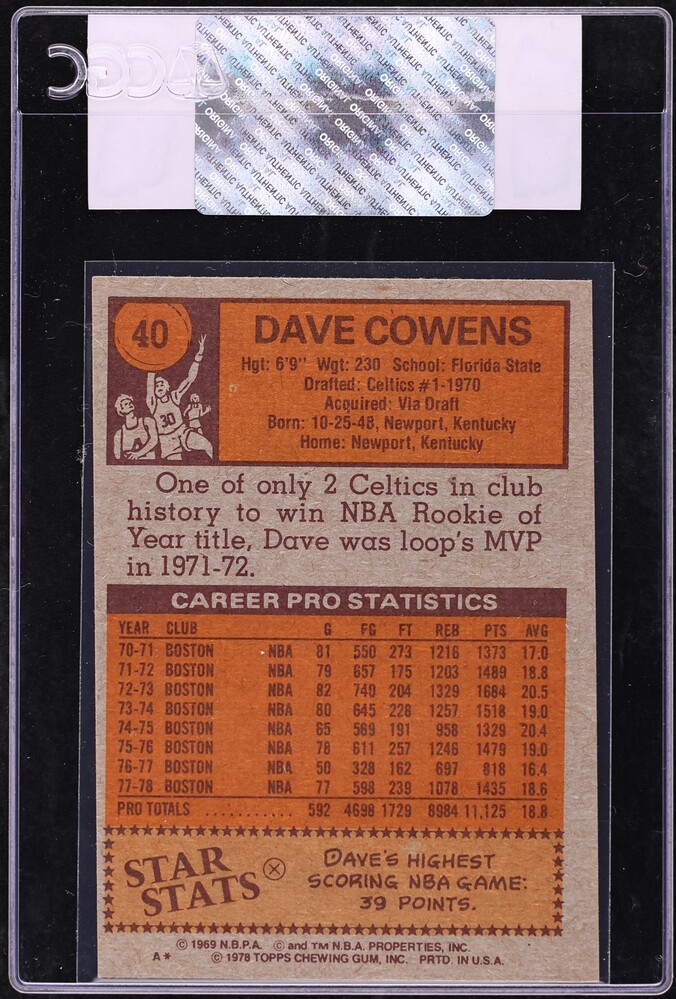 1978 Topps Basketball Dave Cowens #40 CGC AUTH