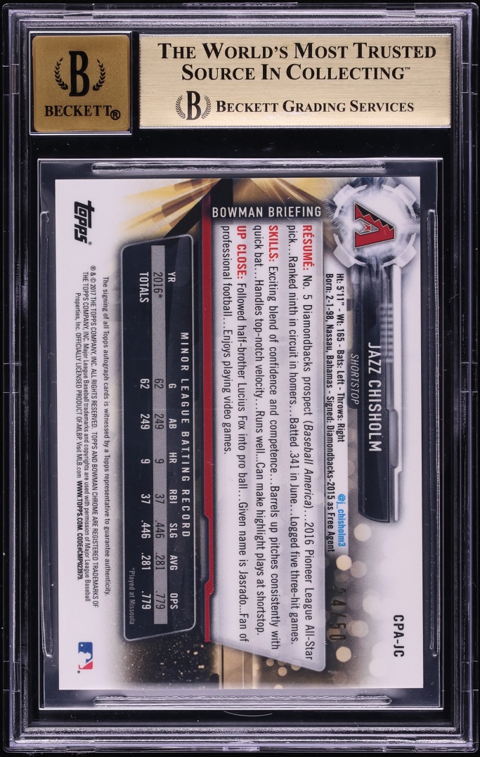 2017 Bowman Chrome Gold Shimmer Refractor Jazz Chisholm PROSPECT AUTO /50 #CPA-JC BGS 9.5 GEM