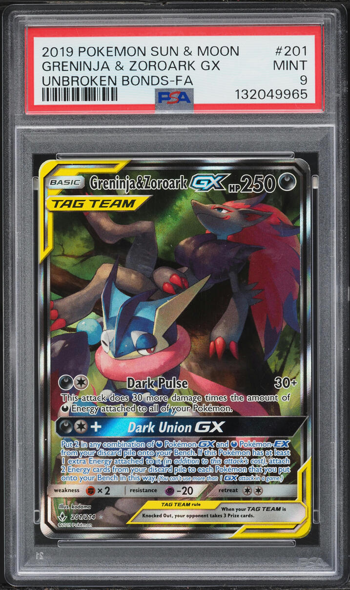 2019 Pokemon Sun & Moon Unbroken Bond Full Art Greninja & Zoroark GX #201 PSA 9 MINT