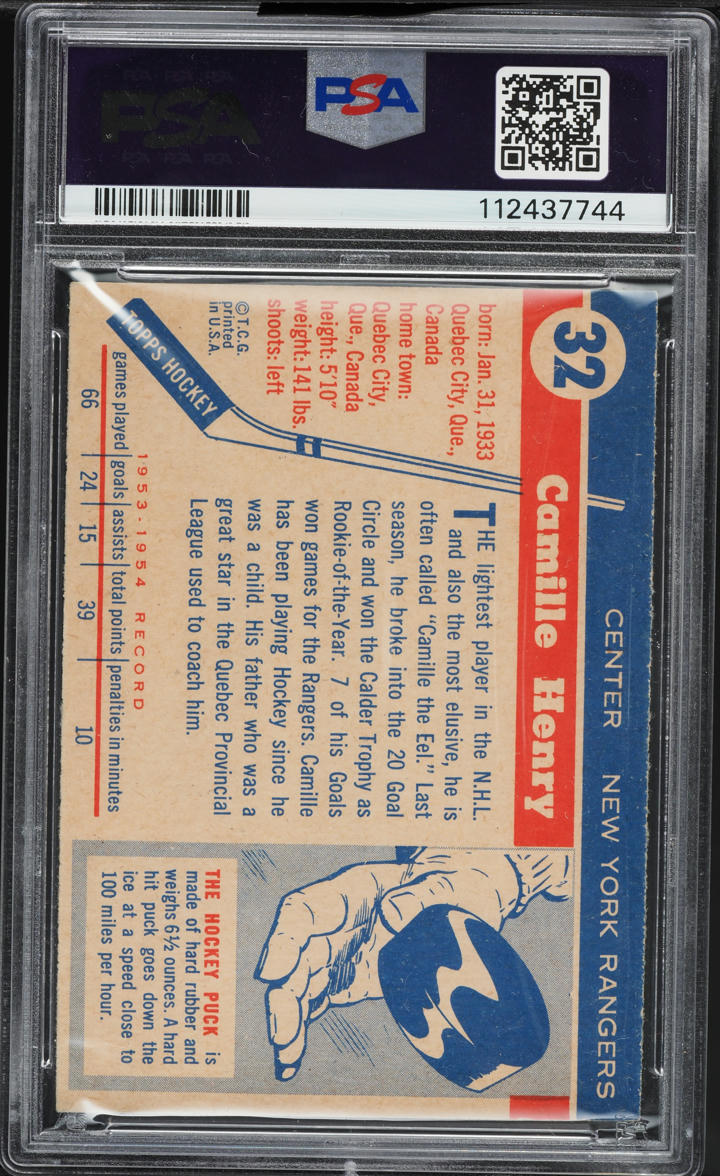 1954 Topps Hockey Camille Henry ROOKIE #32 PSA 6 EXMT