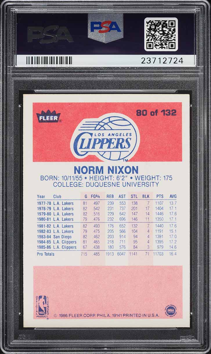 1986 Fleer Basketball Norm Nixon #80 PSA 10 GEM MINT