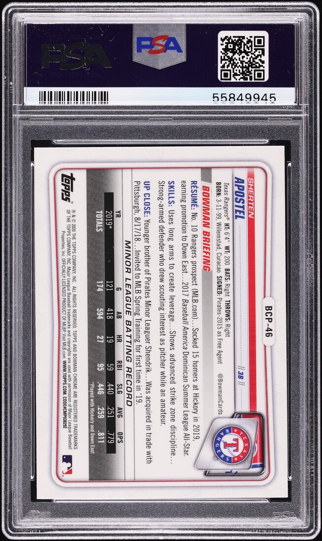 2020 Bowman Chrome Sherten Apostel PROSPECT #BCP-46 PSA 10 GEM MINT