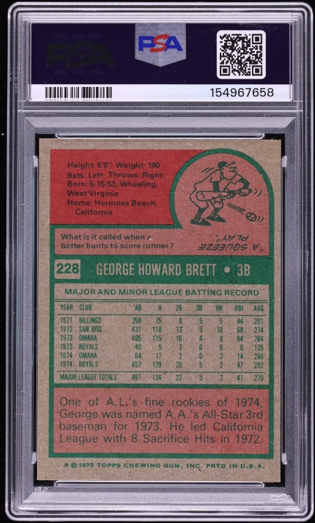 1975 Topps George Brett ROOKIE #228 PSA 5 EX - Photo 2