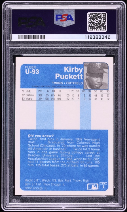 1984 Fleer Update Kirby Puckett ROOKIE #U-93 PSA 9 MINT - Photo 2
