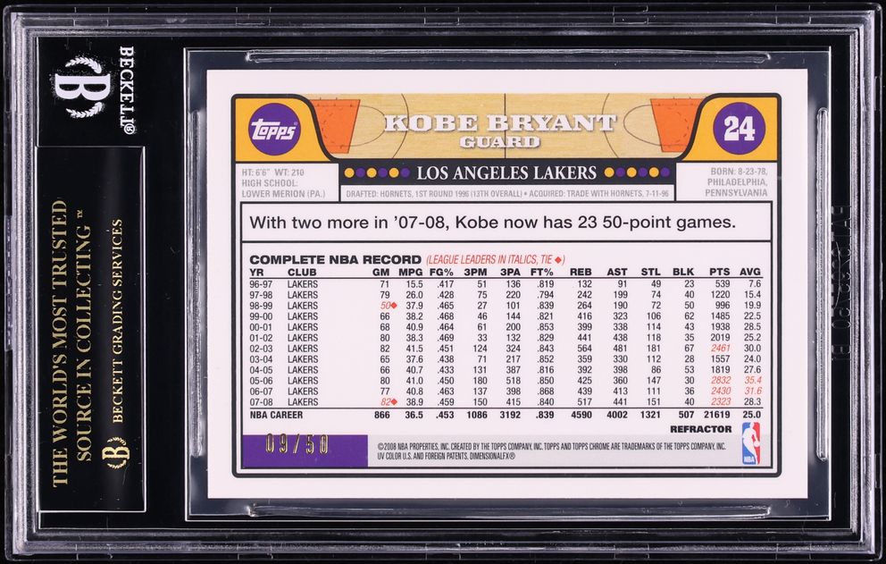 2008 Topps Chrome Gold Refractor Kobe Bryant LeBron James /50 BGS 10 BLACK LABEL