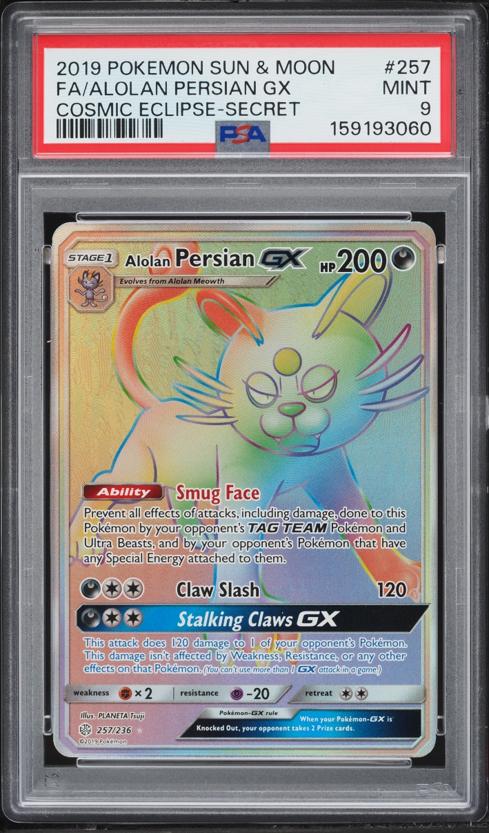 2019 Pokemon Sun & Moon Cosmic Eclipse Rainbow Rare Alolan Persian Gx #257 PSA 9 MINT