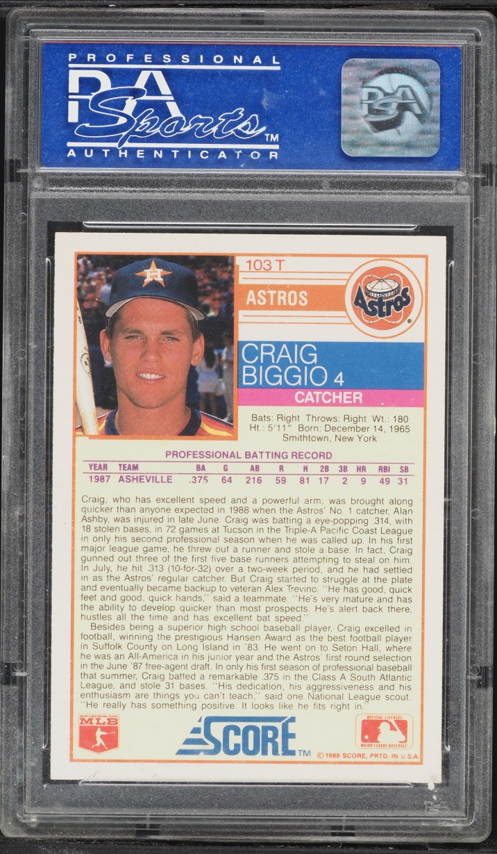 1988 Score Traded Craig Biggio ROOKIE #103T PSA 9 MINT
