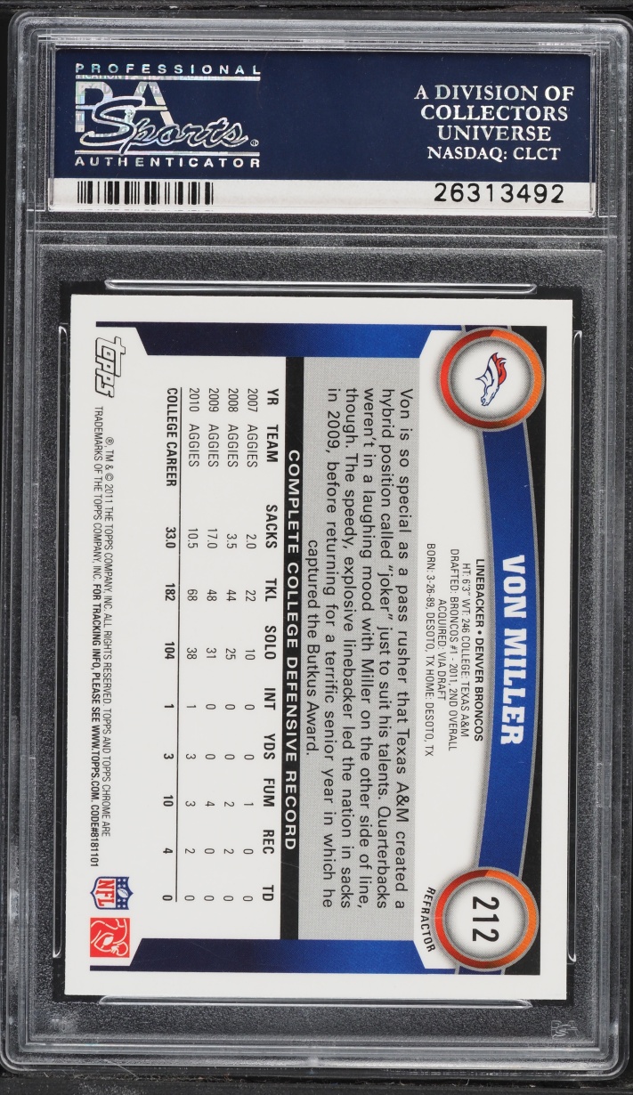 2011 Topps Chrome Ball In Hands Refractor Von Miller ROOKIE #212 PSA 9 MINT