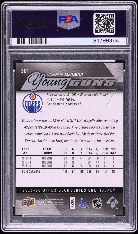 2015 Upper Deck Young Guns Connor McDavid ROOKIE #201 PSA 10 GEM MINT