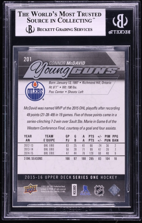 2015 Upper Deck Young Guns Connor McDavid ROOKIE #201 BGS 9 MINT
