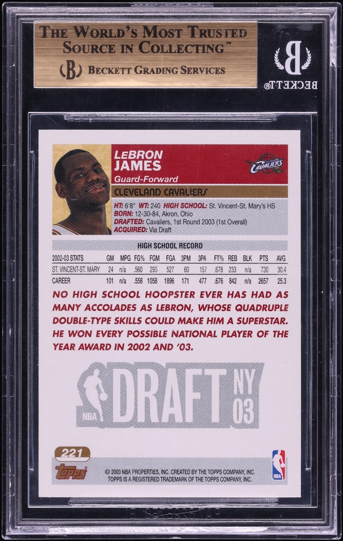 2003 Topps Basketball LeBron James ROOKIE #221 BGS 9.5 GEM MINT