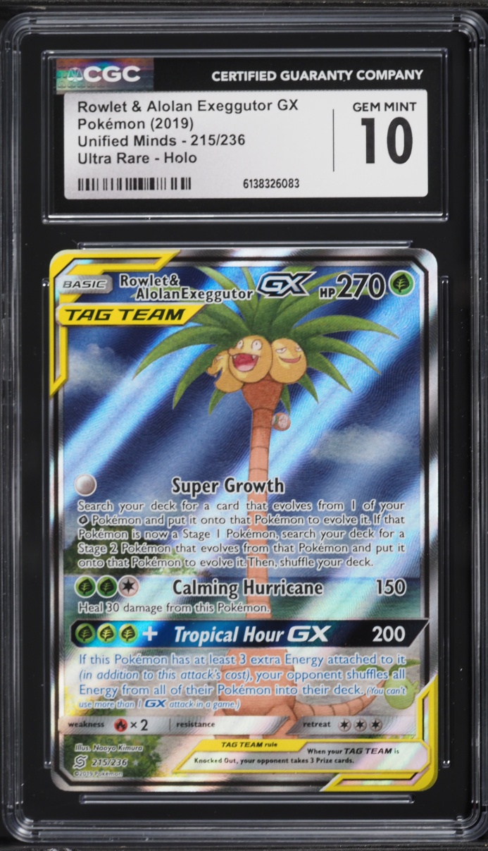 2019 Pokemon Sun & Moon Unified Minds Alt Art Rowlet & Alolan Exeggutor GX #215 CGC 10 GEM MINT