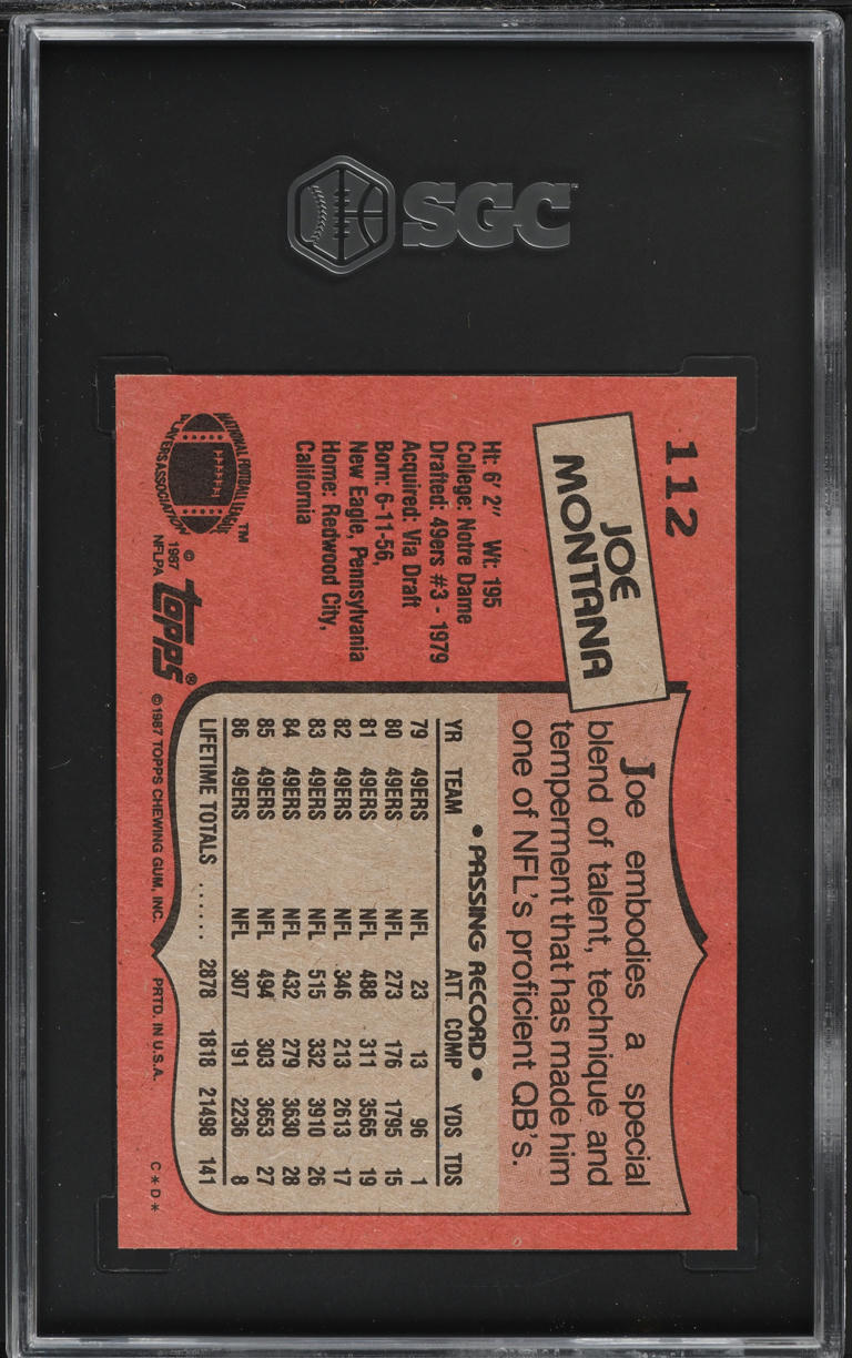 1987 Topps Football Joe Montana #112 SGC 8.5 NM-MT+