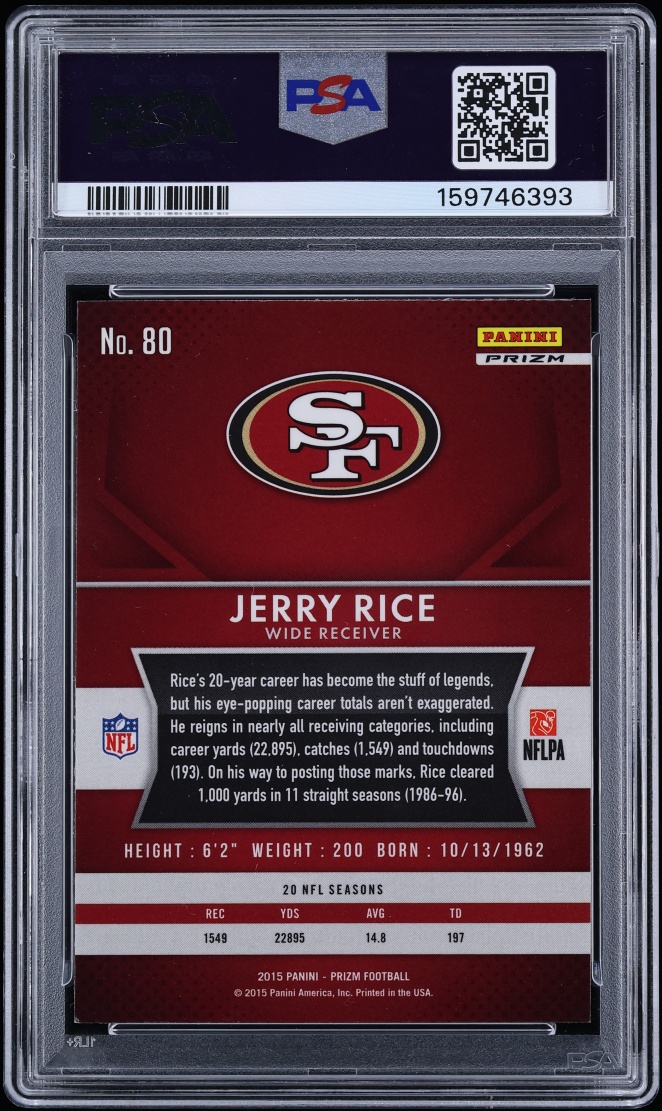 2015 Panini Prizm White Sparkle Jerry Rice #80 PSA 9 MINT - Photo 2