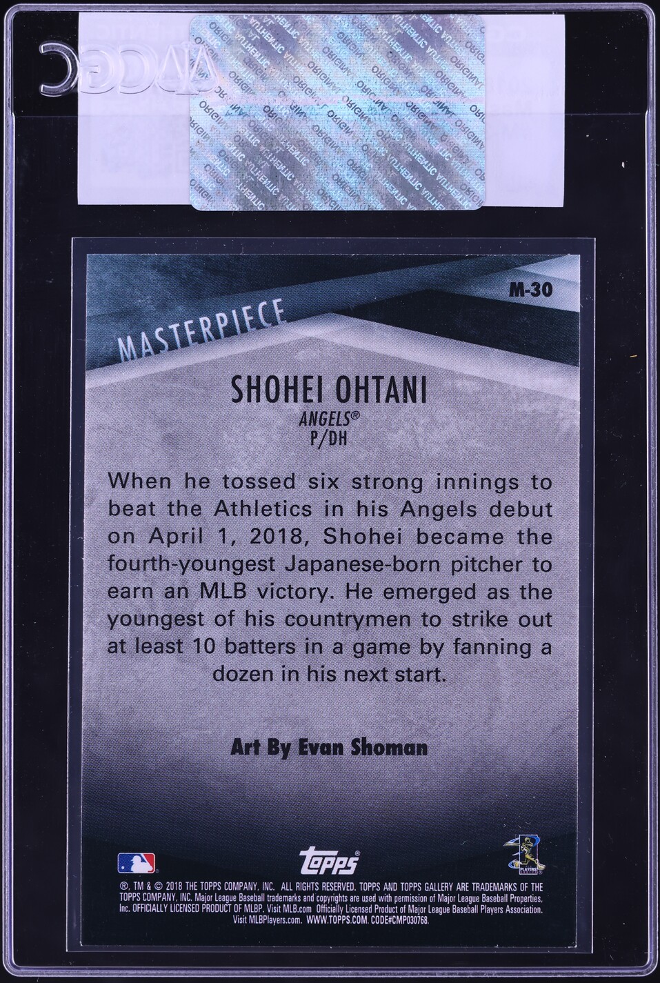 2018 Topps Gallery Masterpiece Shohei Ohtani ROOKIE #M-30 CGC AUTH