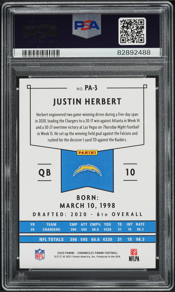 2020 Panini Chronicles Justin Herbert ROOKIE #PA-3 PSA 10 GEM MINT