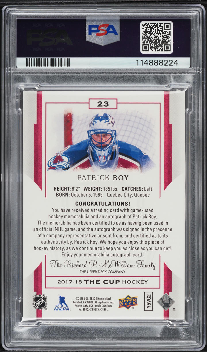 2017 Upper Deck The Cup Red Foil Tag Patrick Roy AUTO DNA 10 4/4 #23 PSA 8 NM-MT