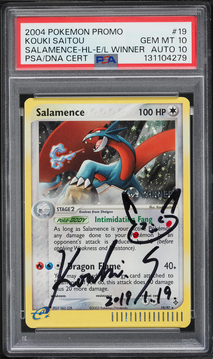 2004 Pokemon EX Promo Holo E-League Winner Salamence Kouki Saitou AUTO DNA 10 #19 PSA 10 GEM