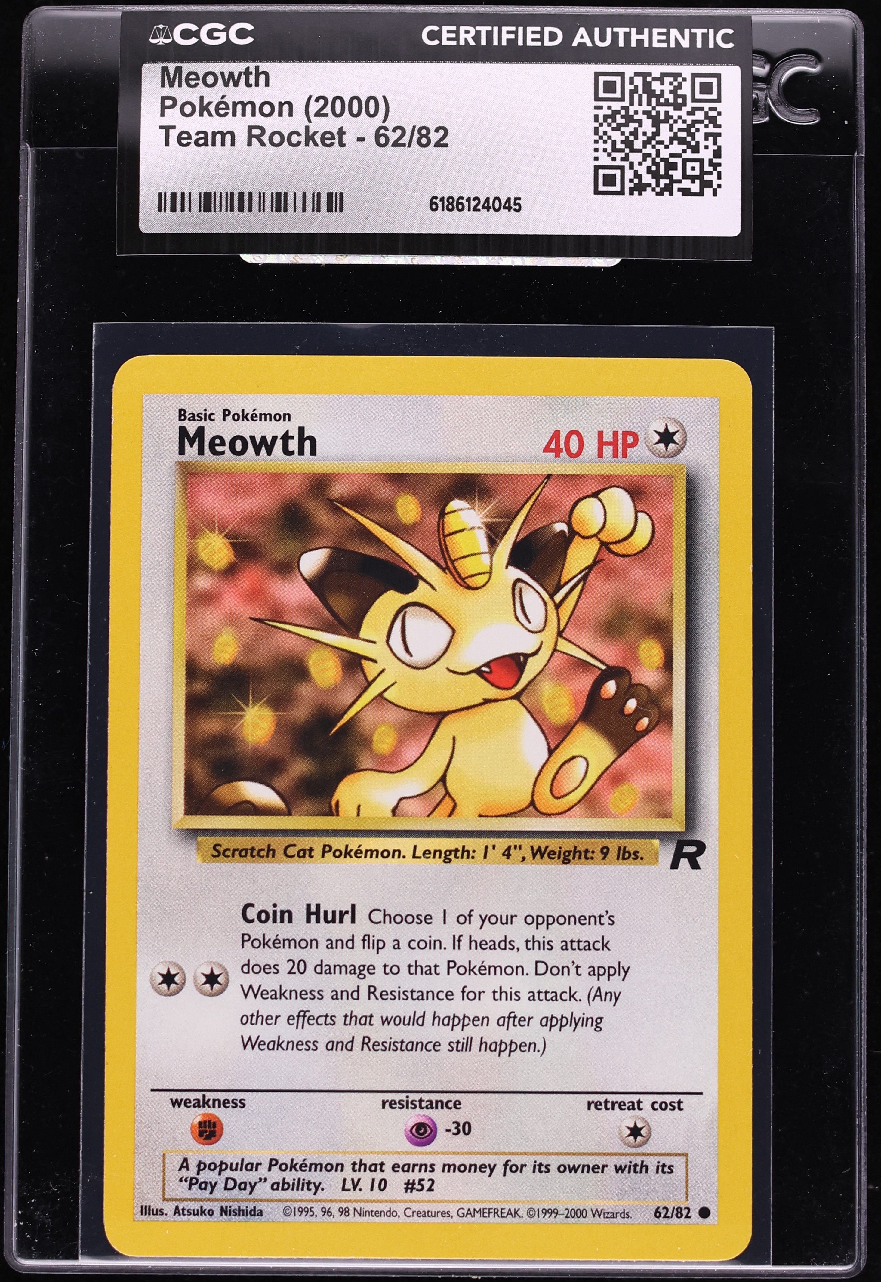 2000 Pokemon Team Rocket Meowth #62 CGC AUTH
