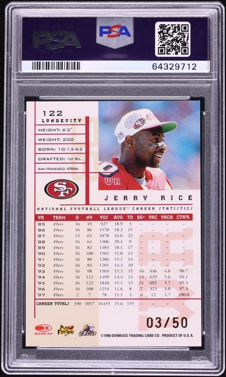 1998 Leaf Rookies & Stars Longevity Jerry Rice /50 #122 PSA 10 GEM MINT - Photo 2