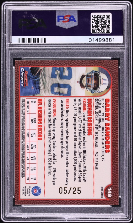 1999 Bowman Chrome Gold Refractor Barry Sanders /25 #149 PSA 8 NM-MT - Photo 2