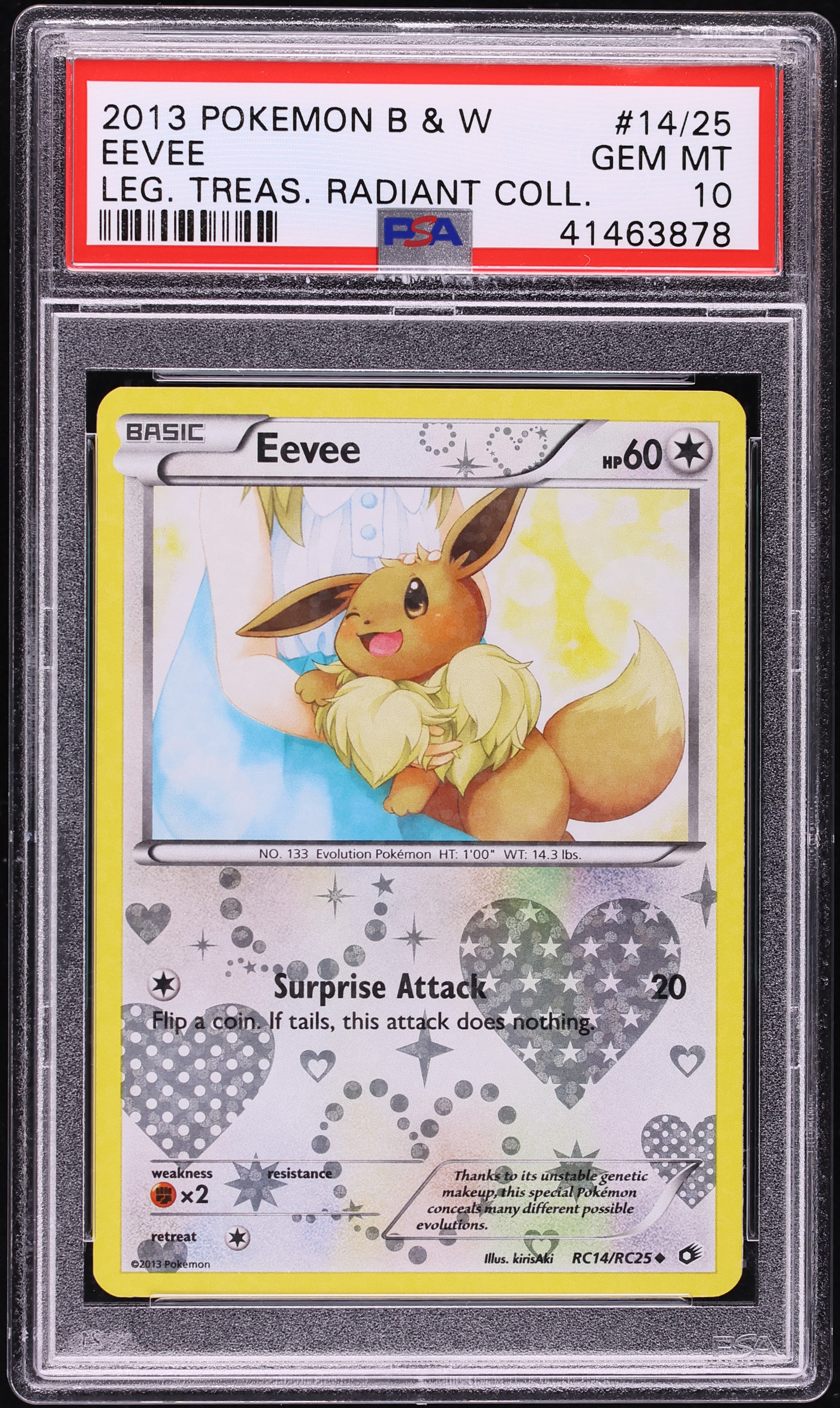 2013 Pokemon Black & White Legendary Treasures Radiant Collection Holo Eevee #RC14 PSA 10 GEM