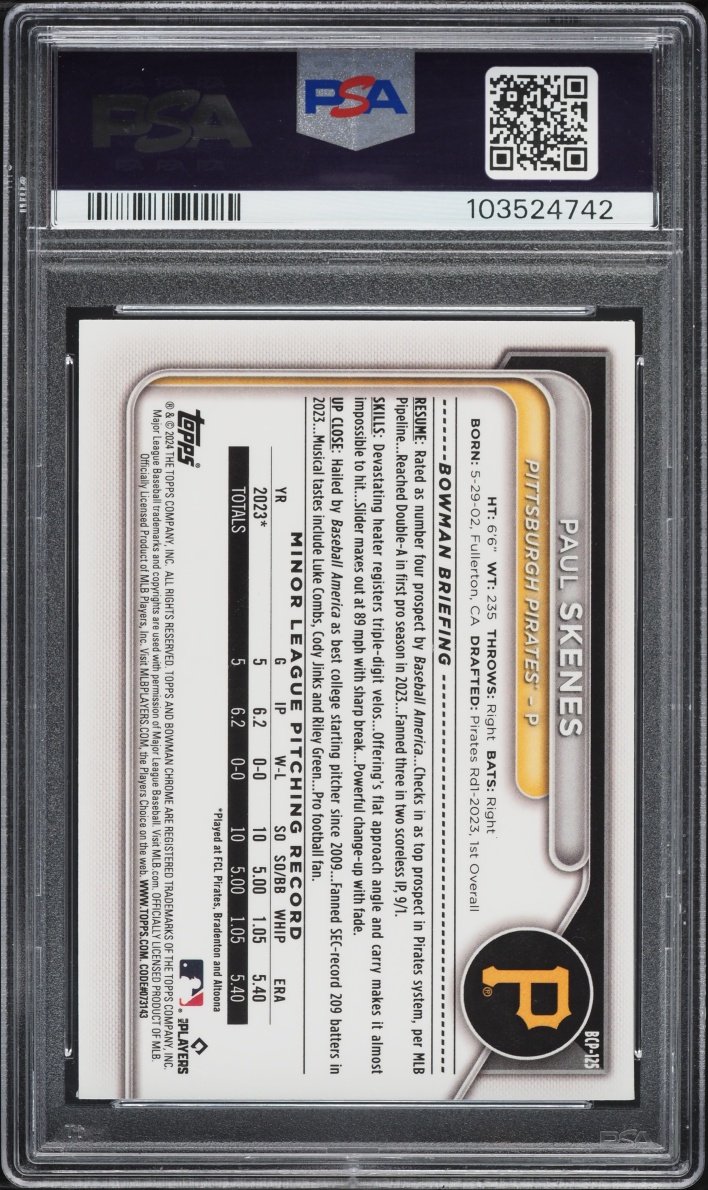 2024 Bowman Chrome Paul Skenes PROSPECT #BCP-125 PSA 9 MINT