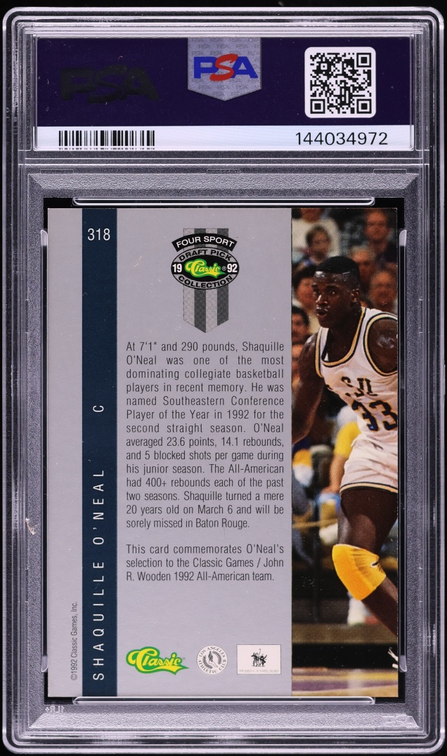 1992 Classic 4 Sport Shaquille O'Neal ROOKIE #318 PSA 7 NRMT