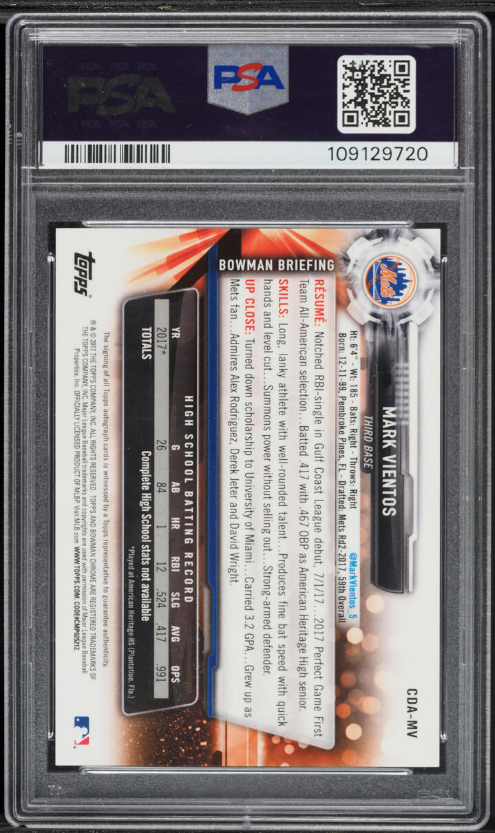 2017 Bowman Chrome Draft Picks Mark Vientos PROSPECT AUTO #CDA-MV PSA 10 GEM MINT