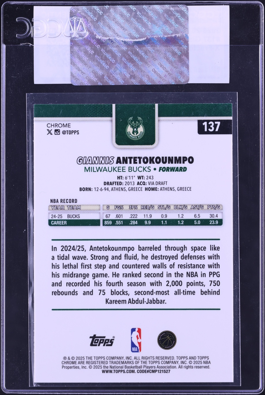 2025 Topps Chrome Xfractor Giannis Antetokounmpo #137 CGC AUTH