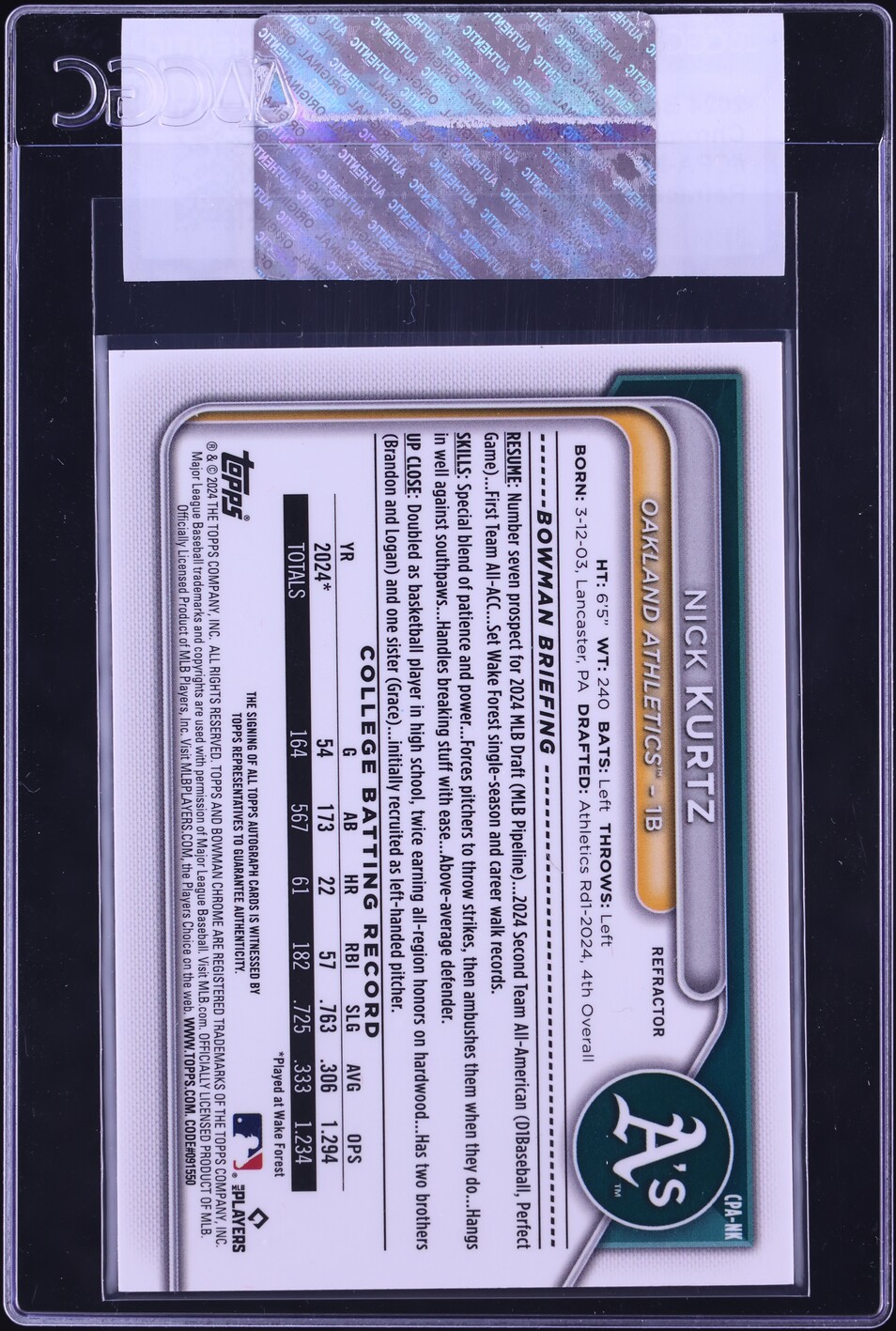 2024 Bowman Chrome Refractor Nick Kurtz PROSPECT AUTO 499/499 #CPA-NK CGC AUTH