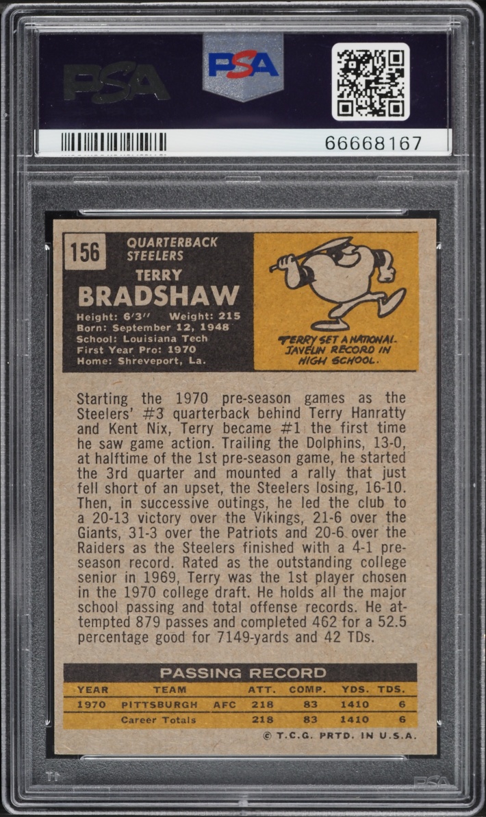 1971 Topps Football Terry Bradshaw ROOKIE #156 PSA 6.5 EXMT+