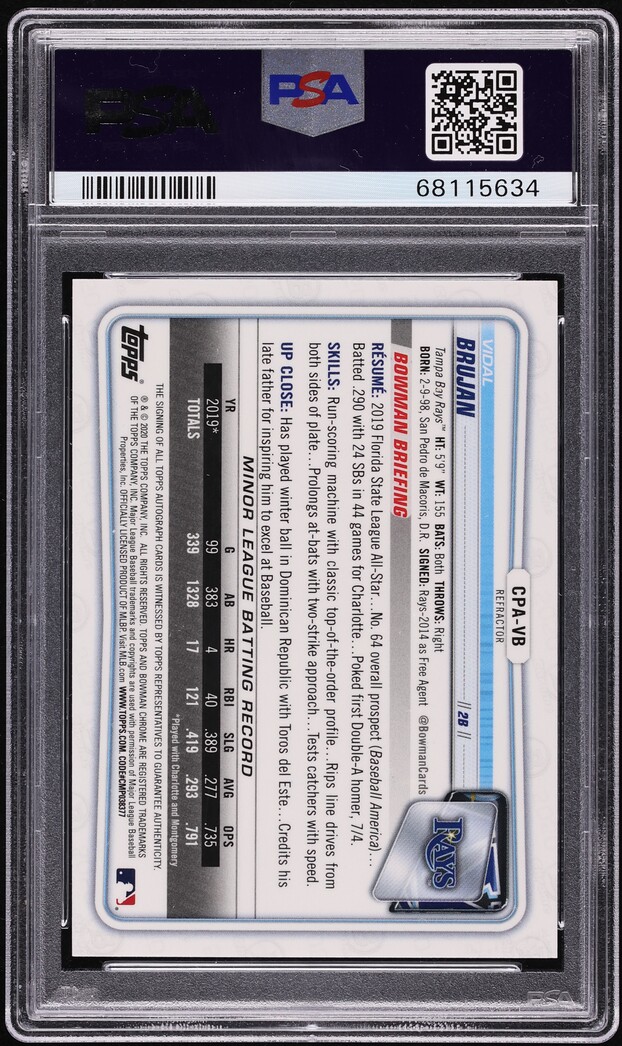 2020 Bowman Chrome Refractor Vidal Brujan PROSPECT AUTO /499 #CPA-VB PSA 10 GEM