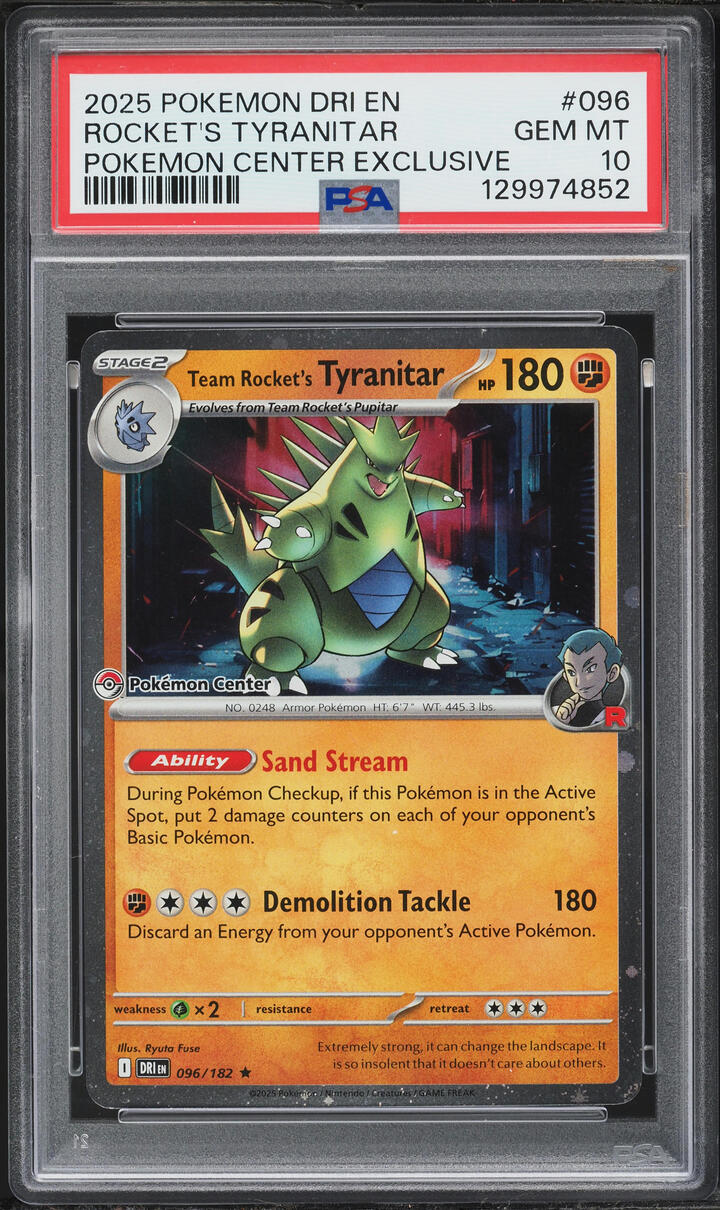 2025 Pokemon SV Destined Rivals Center Exclusive Team Rocket's Tyranitar #96 PSA 10 GEM MINT