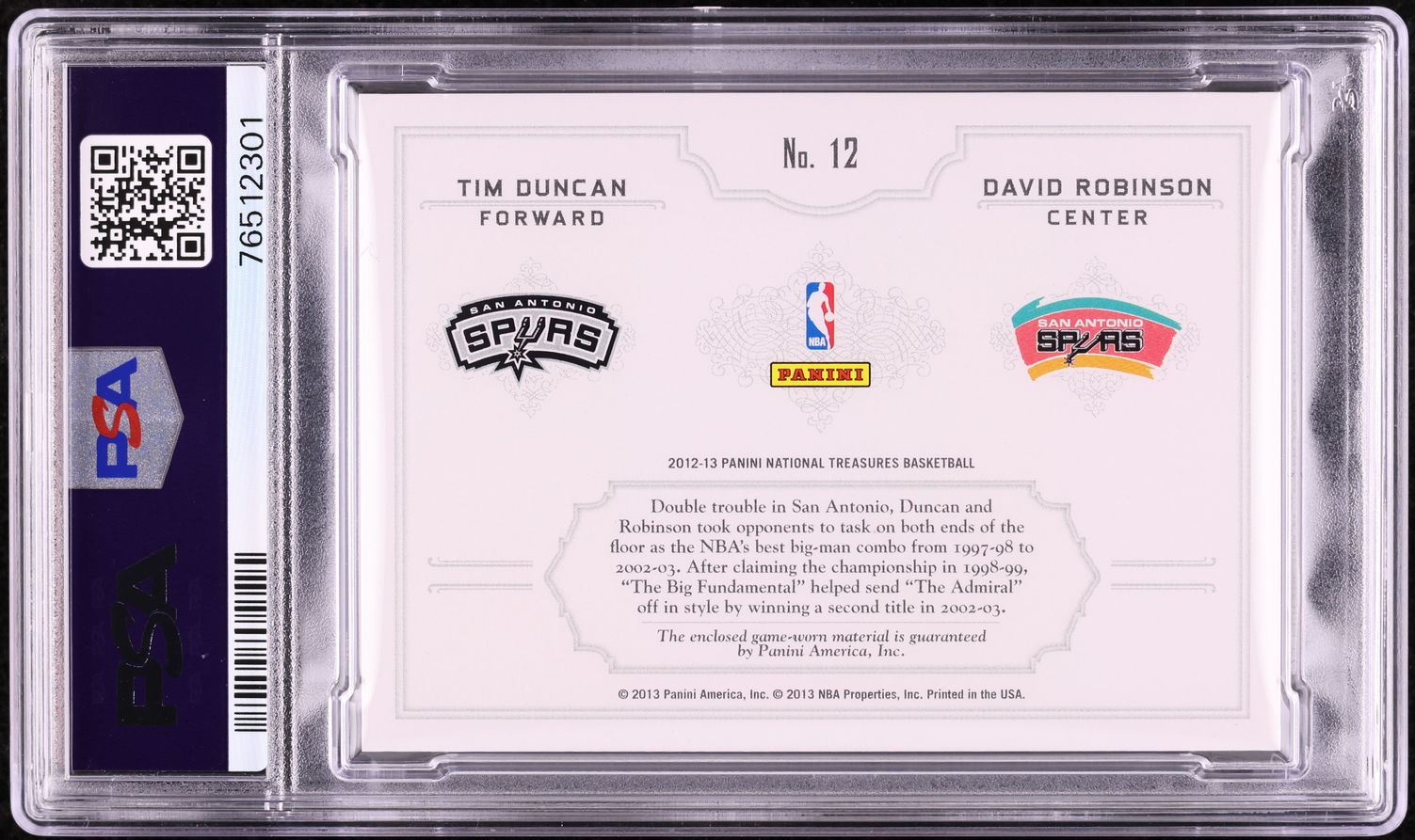 2012 National Treasures Dual Tim Duncan David Robinson LOGOMAN PATCH /3 PSA AUTH